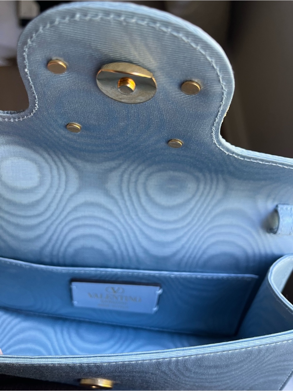 Valentino Garavani Blue Loco Clutch in Moire Fabric with Crystal Logo - Picture 7 of 12